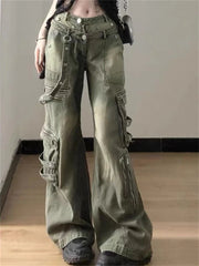 Hnewly Women's Multi Zipper Design Neutral Style Jeans American Vintage Casual Denim Trousers Female High Waist Straight Pants