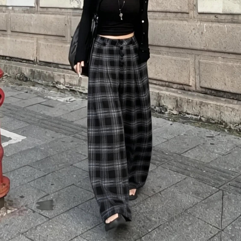Hnewly  Summer Women's Baggy Pants, Fashion Black Plaid Casual Pants Loose Elastic Waist Pocket Style Street Hip Hop Wide Pants