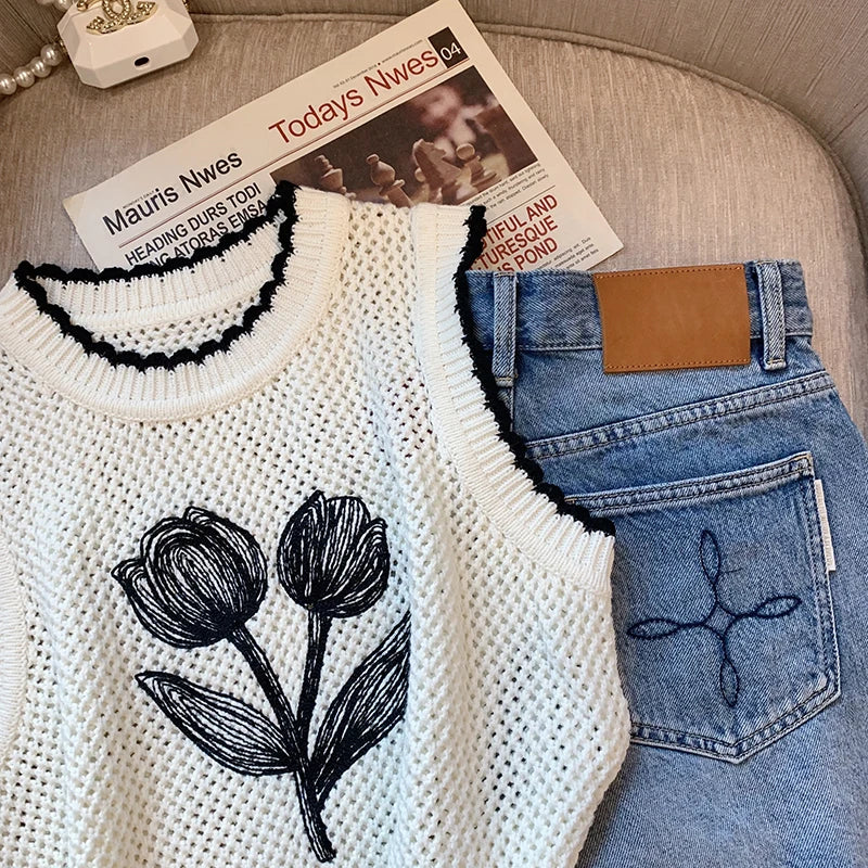 Hnewly  Summer Hollow Out Sleeveless Knitted Vest For Women's Outerwear O-Neck Elegant Floral Print Pullover Fashion Girls TankTop