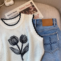 Hnewly  Summer Hollow Out Sleeveless Knitted Vest For Women's Outerwear O-Neck Elegant Floral Print Pullover Fashion Girls TankTop