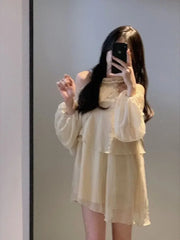 Hnewly  New Women Chiffon Dresses Summer French Style Solid Fashion Y2K Sexy Off-the-shoulder Long Puff Sleeve Ruffles Simple Dress