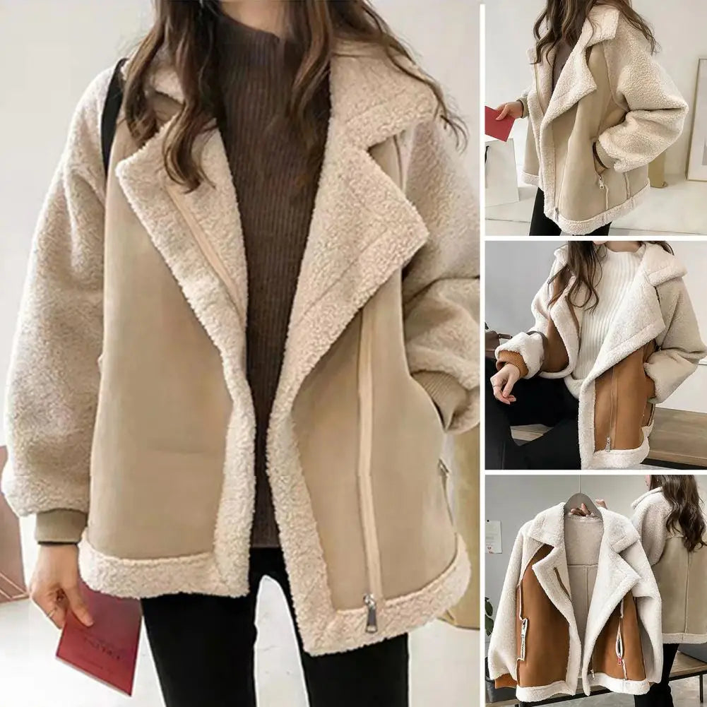 Hnewly aspen outfits winter  Fall Winter Women Jacket Thick Heat Retention Loose Women Coat Turn-down Collar Long Sleeves Lambswool Windproof Coat
