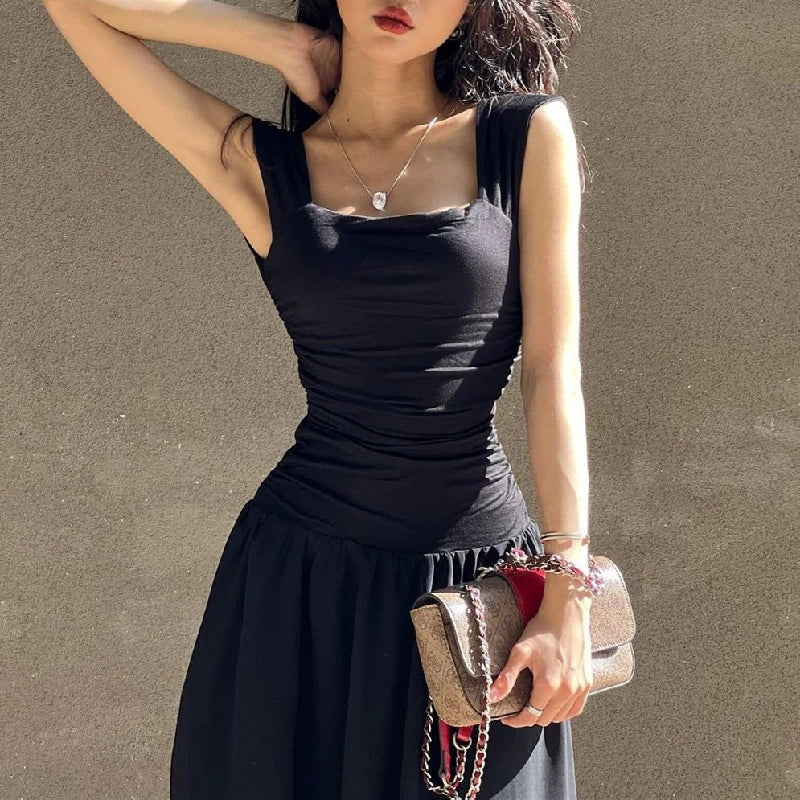 Hnewly  Elegant Slip Long Dresses Sexy Women Ruched Bodycon Solid Maxi Dress Spring Y2K Summer Temperament High-waist Vestidos