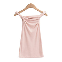 Hnewly  Sexy crop tops women Summer knit t shirt white kawaii pink t shirts off shoulder short sleeve tees slash neck top ruched