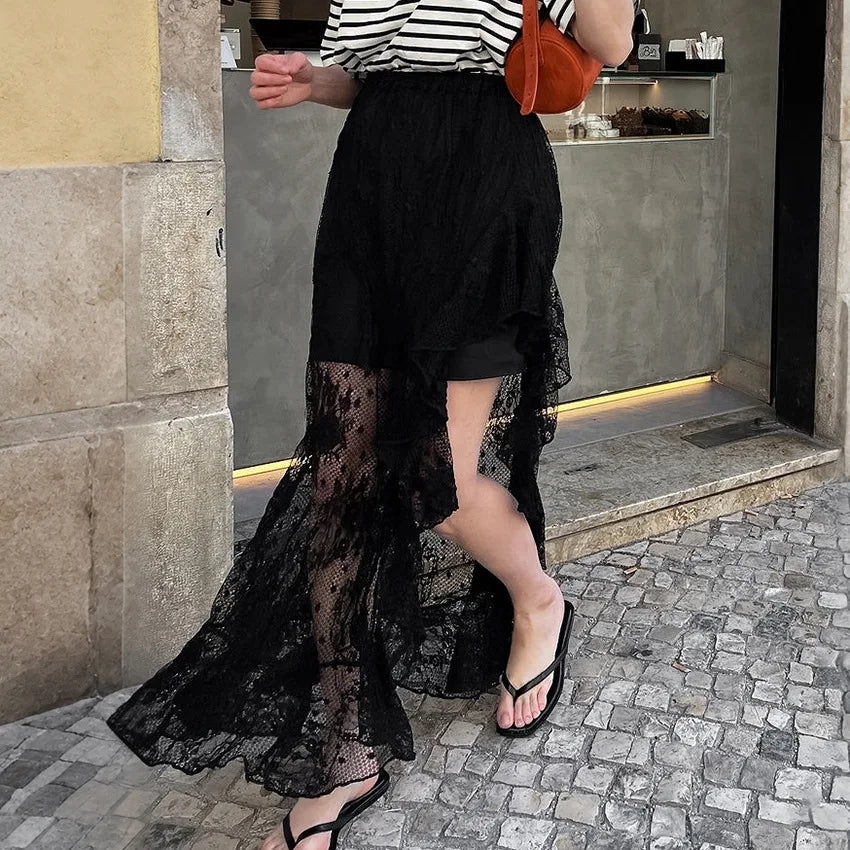 Hnewly Summer New Irregular Black Sexy Design Lace High Waist Slimming and slimming Split Skirt