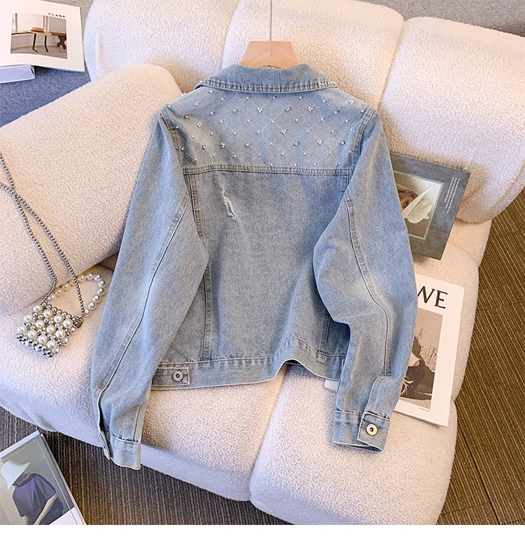 Hnewly  Women Denim Jacket Spring Autumn 2025 New Popular Sweet Luxury Beaded Short Top Loose Long Sleeve Lapel Single Breasted  Coat