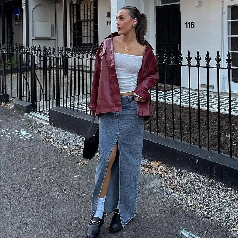 Hnewly  Casual Women Turn-Down Collar Leather Jacket Loose Full Sleeve Zipper Solid Lady Jackets Autumn Fashion Female Streewear