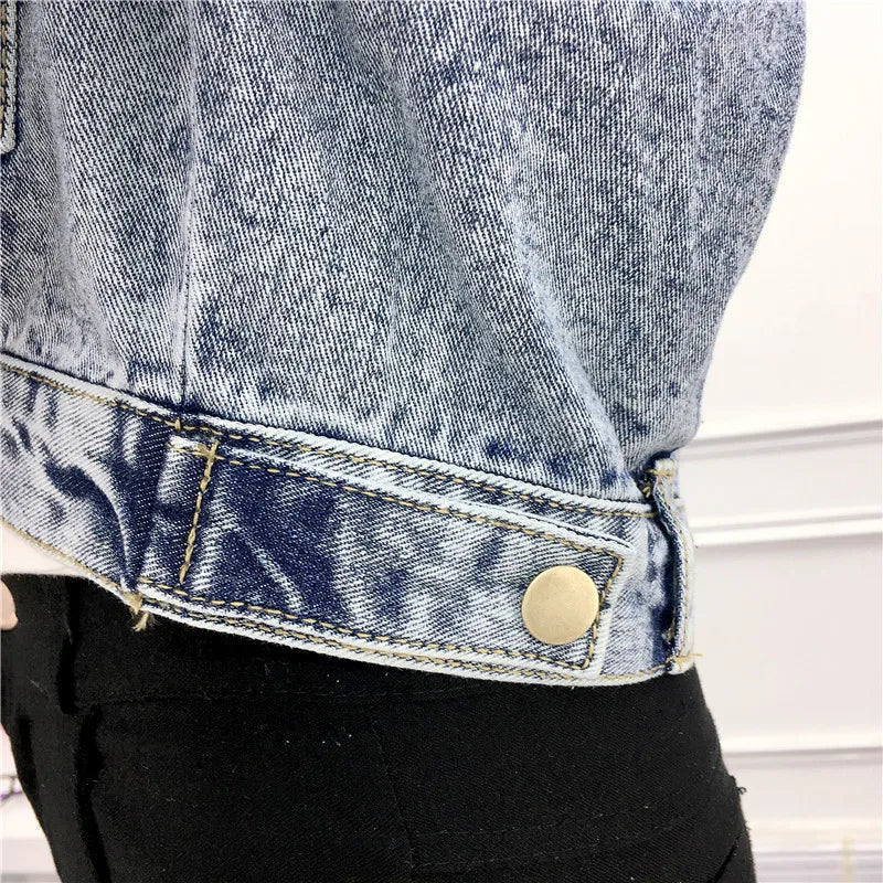 Hnewly Jean Jacket for Women Spring Autumn New Korean Bat Sleeved Short Top Loose BF Style Student Fashion Turn-down Collar Denim Coat