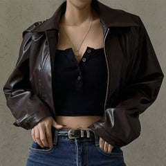Hnewly PU Faux Leather Jacket Aesthetic Fashion Streetwear Turn-down Collar Coat Women Autumn Casual Simple Long Sleeve Coats