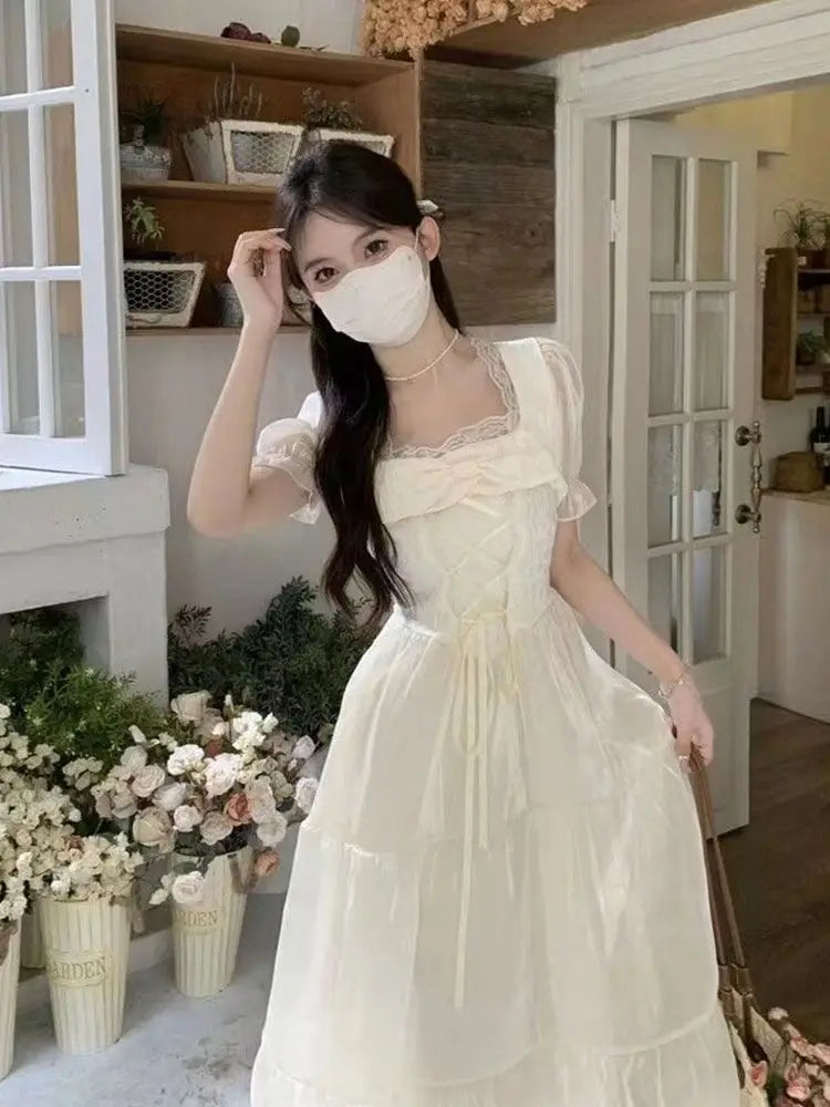 Hnewly  Women Dresses Square Collar Bow Bandage Ribbon Puff Short Sleeve Bow Princess Sweet Elegant Female Dress Casual