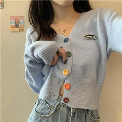 Hnewly  Cardigan for Women Long Sleeve Knitted Sweaters Sweater Cropped Crochet Kawaii V Neck Cardigans Woman Black Tops Cute Trend