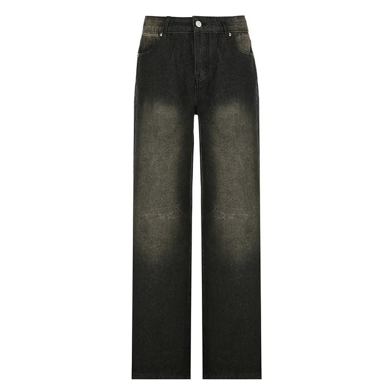 Hnewly Streetwear Grunge Baggy Jeans Women Vintage Distressed Straight Leg Y2K Denim Pants 90s Aesthetic Outfits Washed Chic