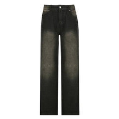 Hnewly Streetwear Grunge Baggy Jeans Women Vintage Distressed Straight Leg Y2K Denim Pants 90s Aesthetic Outfits Washed Chic