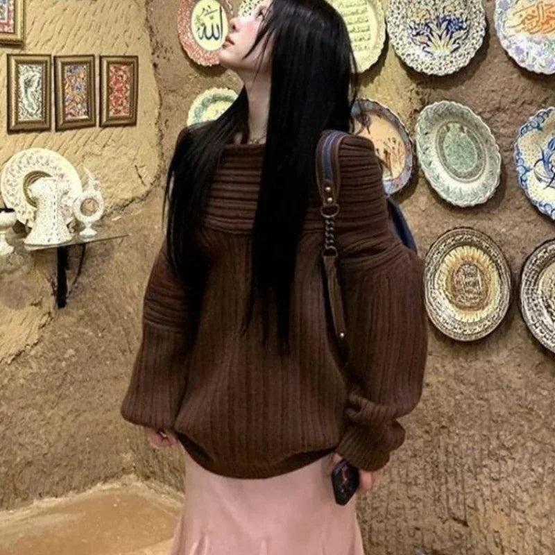 Hnewly   Sexy Vintage Grey Sweaters Women Off Shoulder Korean Style Jumper Elegant Slash Neck Harajuku Long Sleeve Pullovers