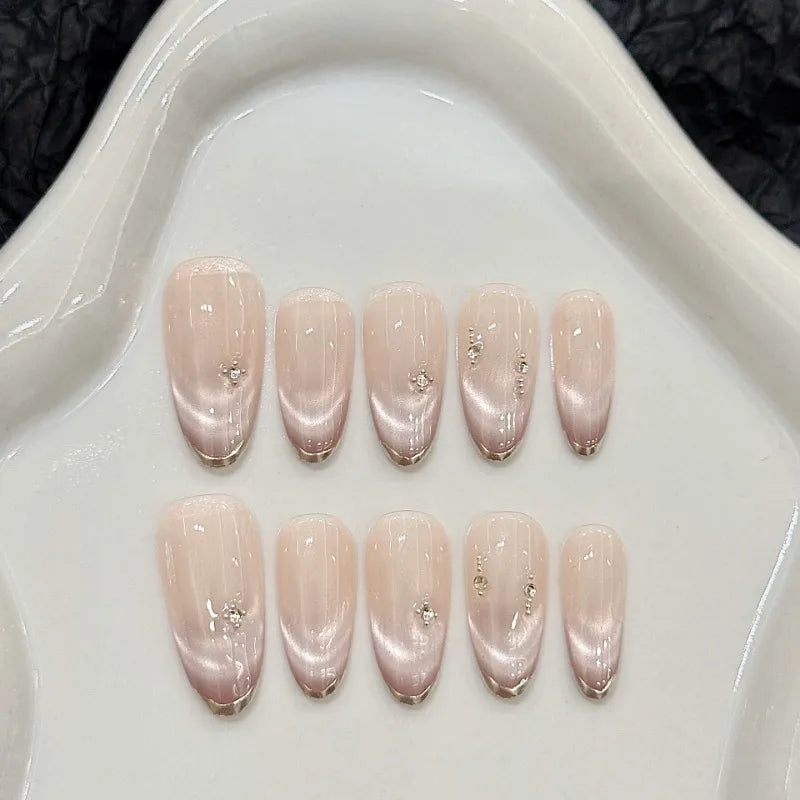 Lunivop  10Ppcs Handmade Press on Nails Women Purple Cat Eye Fake Nails with Glue Spring Summer Mid-Length Girls Aesthetic false Nails