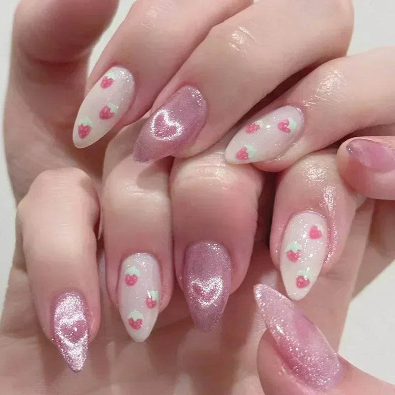Hnewly 24Pcs Pink Almond French Press on Nails With 3D Bow ripple charms Design Fake Nails Ballerina False Nails Full Cover Nail Tips