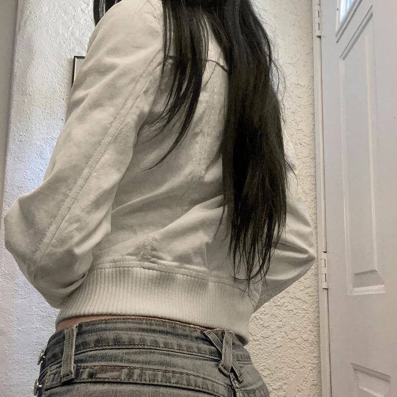 Hnewly Vintage Cropped Jackets Women Stand Collar Solid Color Casual Coats Slim Pocket Zip Up Harajuku Safari Style Outwear