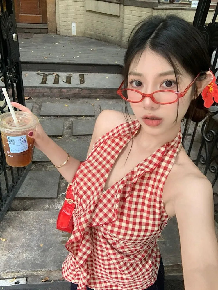 Hnewly  Camis Women Plaid Sleeveless Halter Ruffles Bandage Backless Slim Vintage Sweet Casual Sexy Tank Tops Female Summer