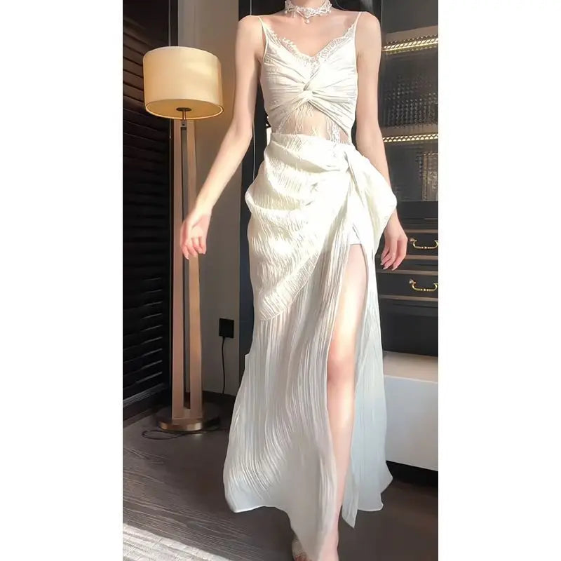 Hnewly  Y2k Aesthetic Lace Patchwork Slip Dress Harajuku Grunge Cross Pleated Woman Dresses Summer Streetwear Irregular Split Vestidos