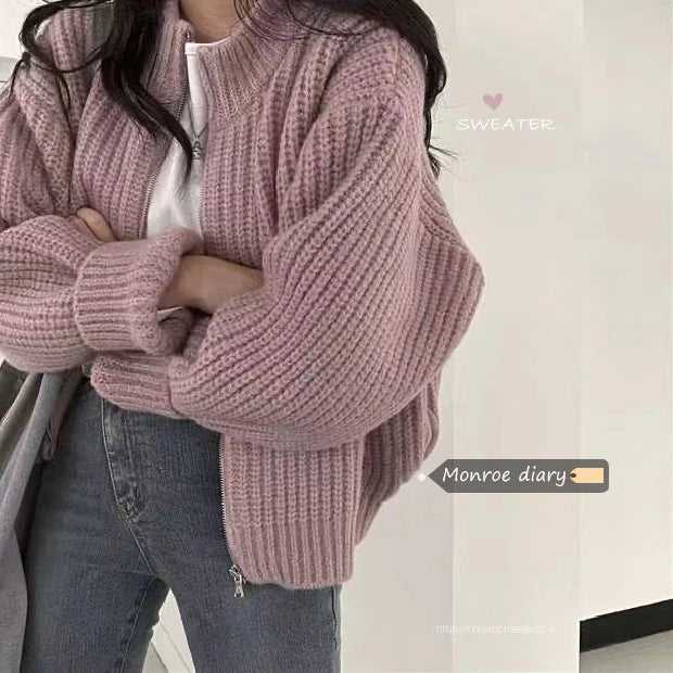 Hnewly  Women's Zip Up Sweater Cardigan Chunky Knit Stand Collar Zipper Front Plain Sweater Jacket Ladies Korean Chic Fall Winter Outfit