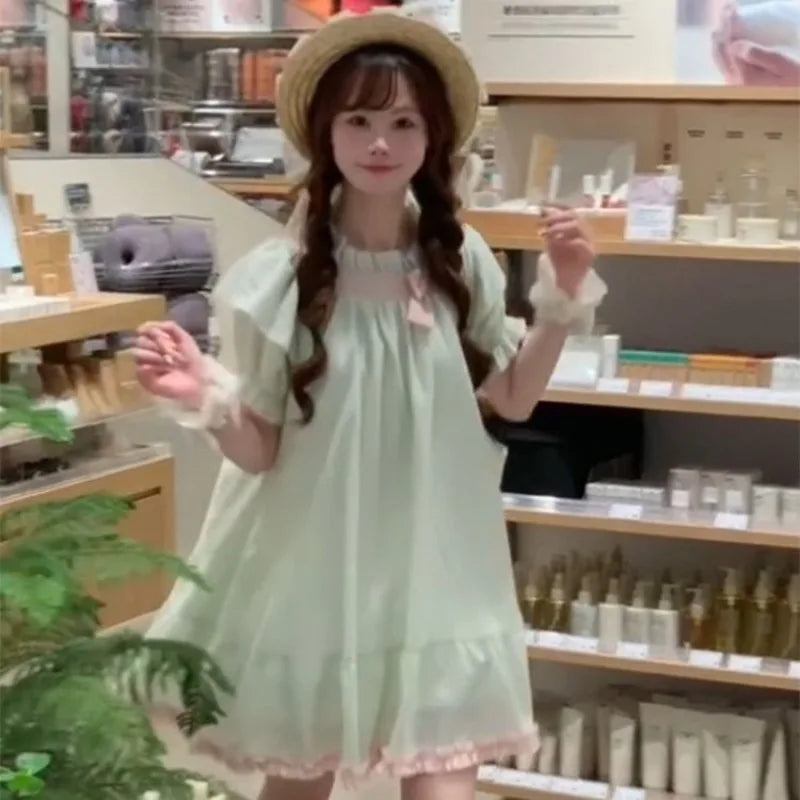 Hnewly  Mini Dresses Women Sweet Bow Ruffles Patchwork Puff Short Sleeve Summer Fashion Casual Party Dress Princess Casual
