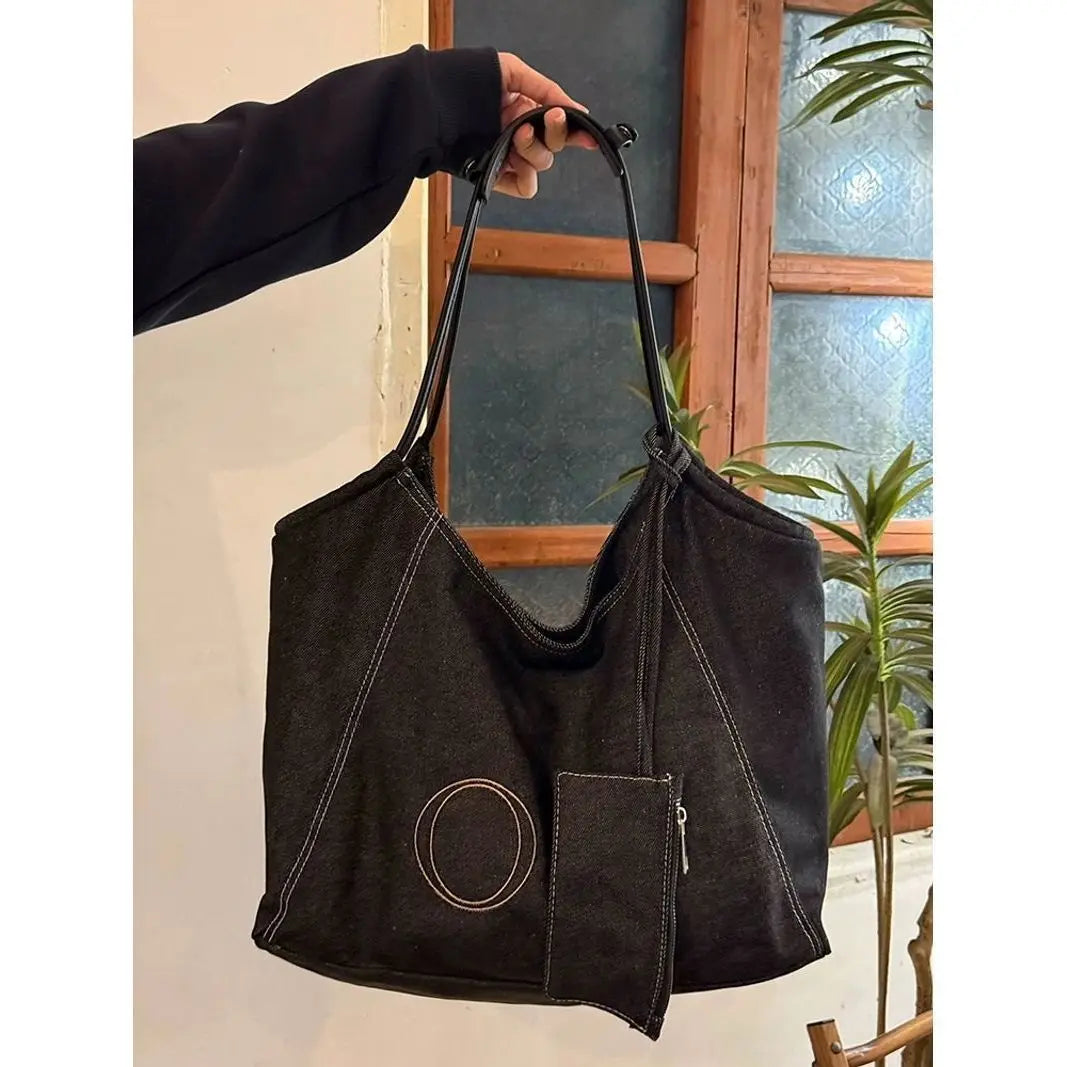 Hnewly  Korean Retro Black Tote Bag Women Large Capacity Denim Shoulder Bag Ladies Letter Harajuku Simple Everyday Underarm Bag New