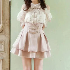 Hnewly  Japan Style High Waist Pleated Mini Skirts Bow Knot Design   Kawaii Slim Fit A-line Pink Lace  For Women