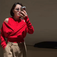 Hnewly  Sexy Off Shoulder Knit Sweater Women Red Fake 2 Piece Buttons Long Sleeve Cropped Pullover Autumn Winter Lady Chic Knitwear