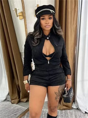 Hnewly  Cutenew Hipster Flocking 2-Piece Set Women Chic Button Zip Full Sleeve Jacket+Pocket Shorts Matching Hottie Punk Club Streetwear