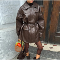 Hnewly  Elegant Cinched Waist Leather Jacket Women Drawstring Lapel Zipper Buttons Full Sleeve Coat Spring Lady Street Outwear