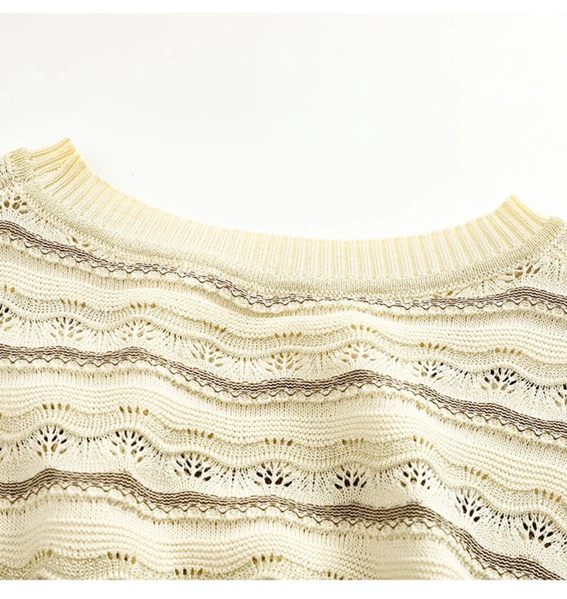 Hnewly  Hollow Out Ice Silk Knitted T-shirt Retro Round Neck Wave Pattern Short Sleeve Tee Women's Spring/Summer New Fashion Loose Top