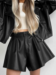 Hnewly Black Leather Shorts Women Autumn Winter Pleated High Waist Sexy Pu Shorts Casual Wide Leg Shorts Female Office Ladies