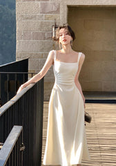 Hnewly Spring New Elegant Square Collar Midi Party Dress  For Women Long Sleeve Black White Slim Vestidos Female Clothes
