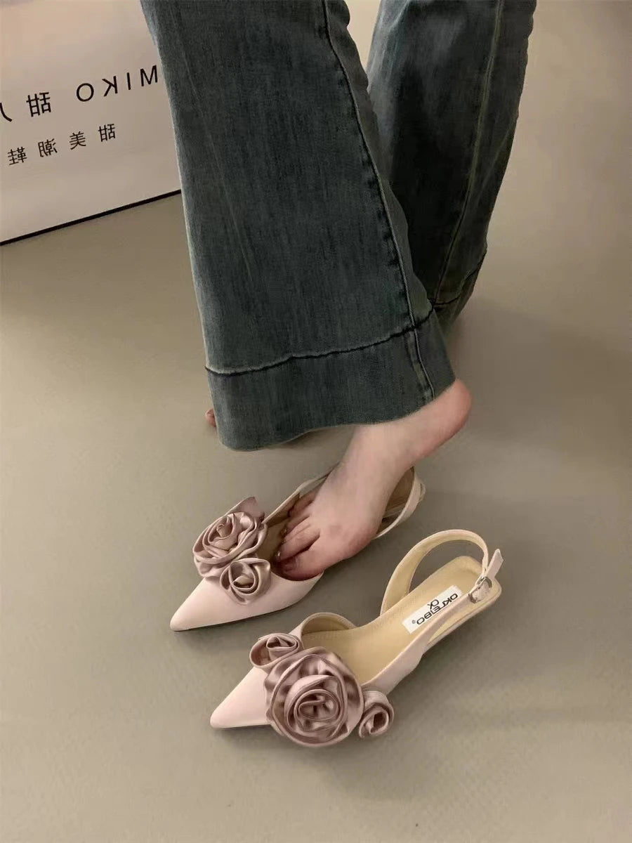 Hnewly New Brand Women Sandal Fashion Flower Ladies Elegant Dress Slingback Shoes Thin Low Heel Dress Mules Pumps