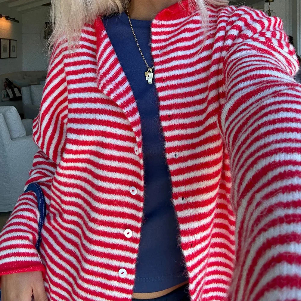 Hnewly  Women Aesthetic Knitted Cardigan Sweaters Long Sleeve Button Down Slim Knitwear Tops Y2k Vintage Casual Jumper Tops