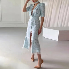 Lunivop  Chic Lace Trimmed Printed Dress Women Elegant Deep V-neck Waist Cinching Split Short Sleeve Maxi Dress Lady Party Vestidos