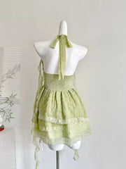 Lunivop  Y2K Sweet Chic Dress Women Slim Fit Waist Cinched Lace Halter Neck Sleeveless Mini Dress Summer Harajuku Fashion Outfit