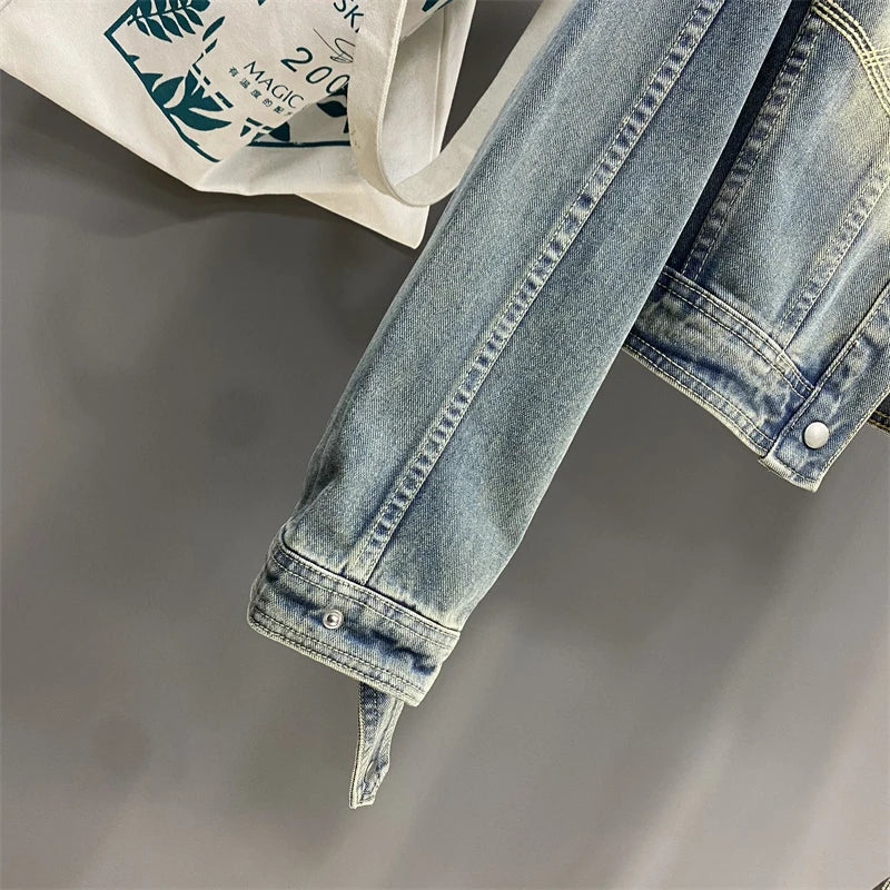 Hnewly  Women Standing Collar Denim Short Jacket Washed  Polished White Retro Motorcycle Outwear Spring Fashion Slim Long Sleeved Top