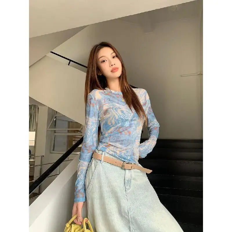Hnewly  Vintage Tie Dye Printed O-neck Slim Fit Tee Shirt Y2k Thin Mesh Long Sleeved T-shirts Summer New Chic Top for Women