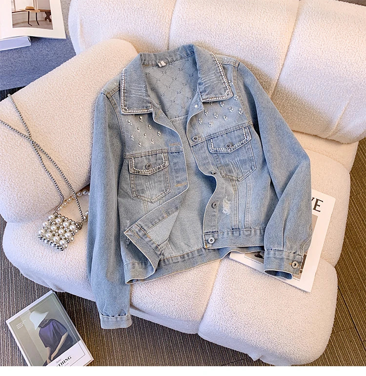 Hnewly  Women Denim Jacket Spring Autumn 2025 New Popular Sweet Luxury Beaded Short Top Loose Long Sleeve Lapel Single Breasted  Coat