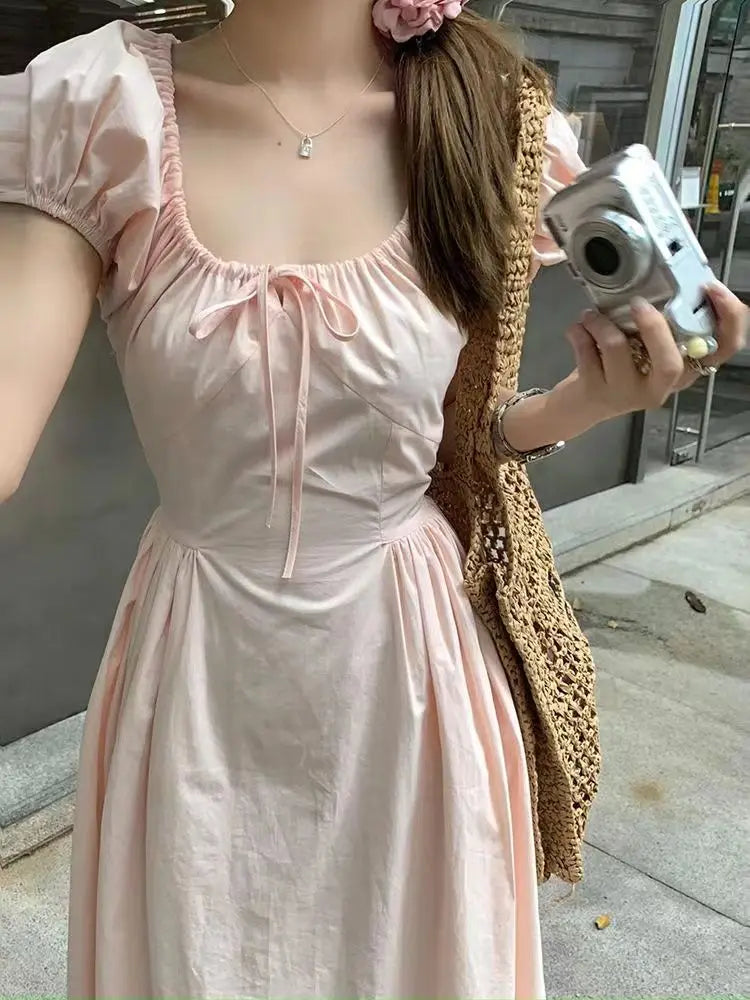 Hnewly  Woman Dress Sweet Square Collar Drawstring Square Collar Short Sleeve Summer Fashion Princess Female Elegant Dresses