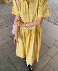 Hnewly  Plaid Dresses Women Elegant Short Sleeve Loose Turn Down Collar Button Sweet Fashion Summer Shirt Dress Ladies Casual