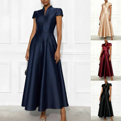 Hnewly  Elegant Pure Color Knitted Satin Short Sleeve Waist Cinched Maxi Dress Stylish Commute Dress for Banquet V-Neckline Bodycon