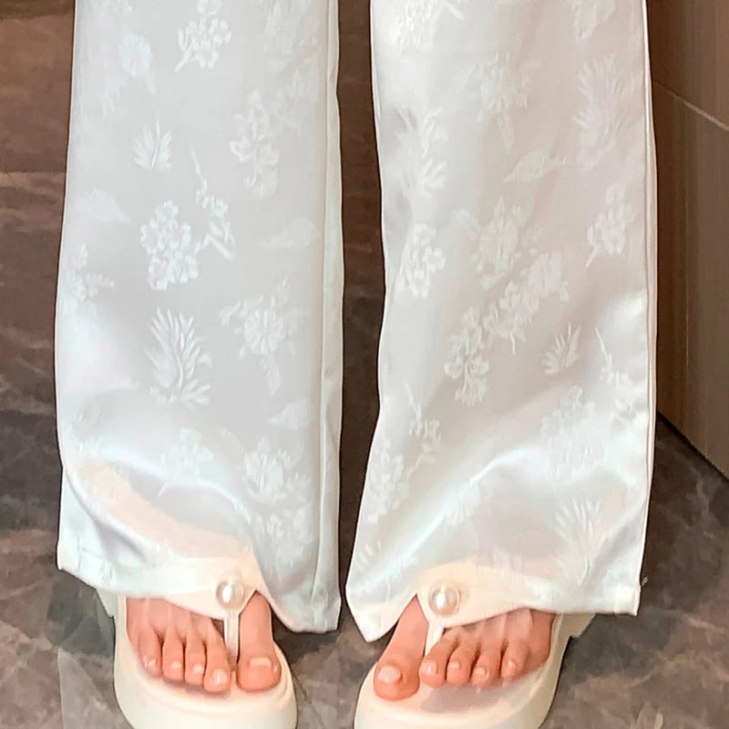 Hnewly New 2024 Spring Summer Wide Leg Loose Pants For Women Black Or White Color Chinese Style High Waist Jacquard Trousers Women