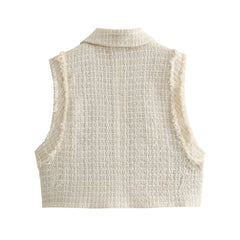 Hnewly  Spring Autumn Tweed Vest Jacket Women's 2024 New Fashion Straight Short Top Elegant Raw Edge  Sleeveless  Chic Street Youth Coat
