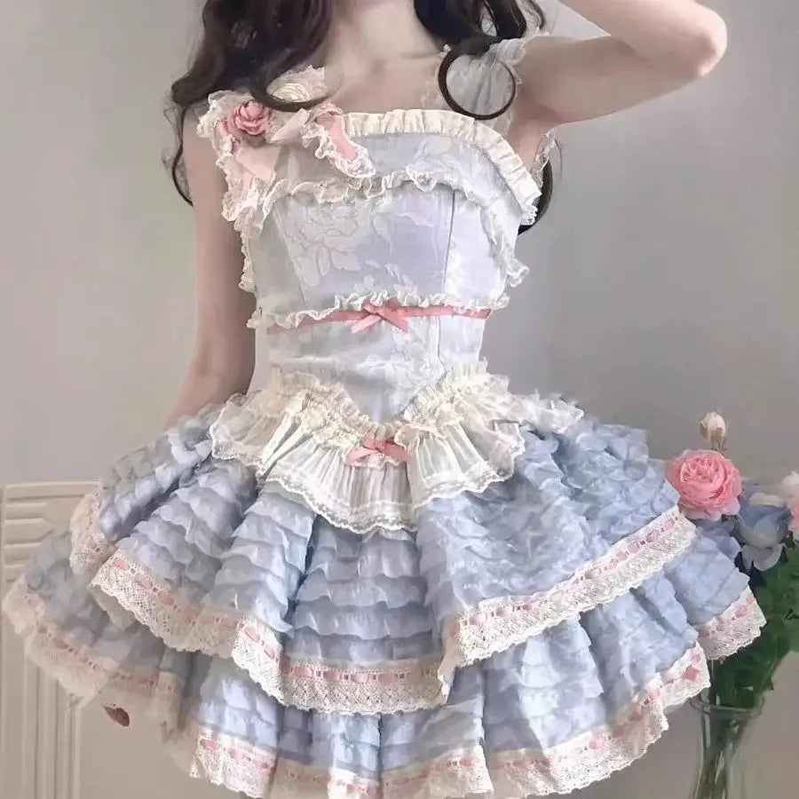 Hnewly  Japanese Sweet JSK Lolita Mini Dress Women Summer Cute Soft Girls Bow Slim Ballt Style Princess Party Suspender Dresses
