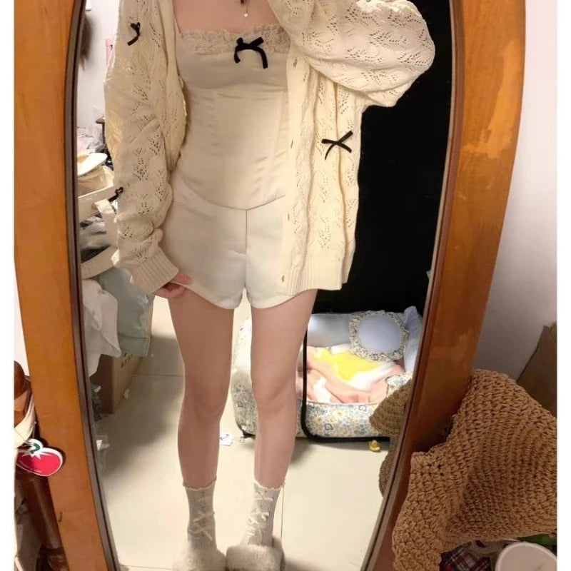 Hnewly FALL OUTFITS Coquette Cardigan Sweater Woman Kawaii Bow Hollow Out Knitted Tops Korean Fashion Sweet Preppy Cute Aesthetic Solid