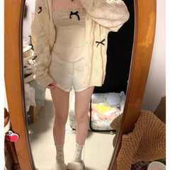 Hnewly  Coquette Cardigan Sweater Woman Kawaii Bow Hollow Out Knitted Tops Korean Fashion Sweet Preppy Cute Aesthetic Solid
