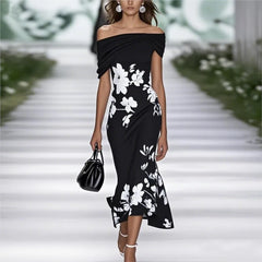 Lunivop  Summer Commuting Long Dress Flower Print Off Shoulder Women's A-line Dress New Fashion Hollow High Waist Wrap Hip Dress