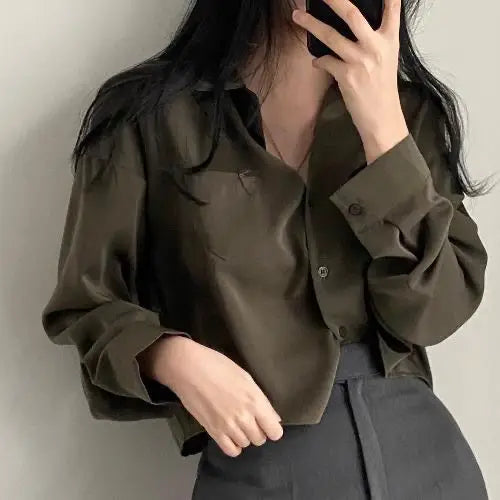 Hnewly Shirts Women Korean Style Vintage Fashion Turn-down Collar All-match Design Single Breasted Crop Top BF Ladies Harajuku Leisure